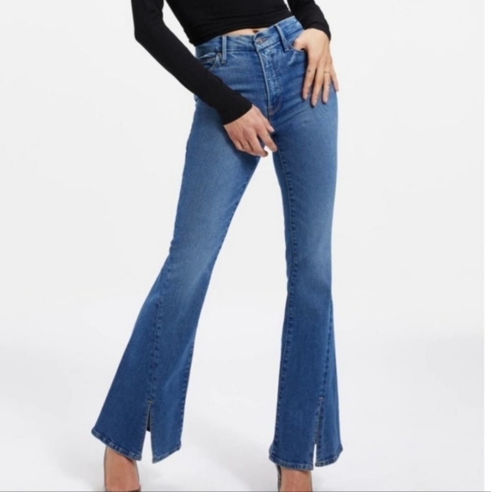 Good American Indigo029 Good Legs Flare  Twisted Front Slit Jeans 6/28 NWT